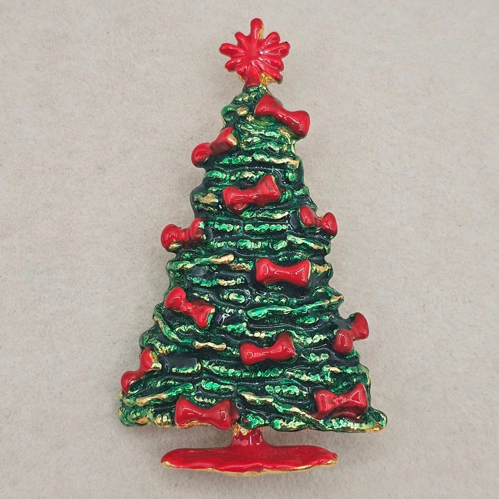 Vintage Christmas Tree Brooch Green Red Enamel Bows Gold Tone Holiday Pin 3475